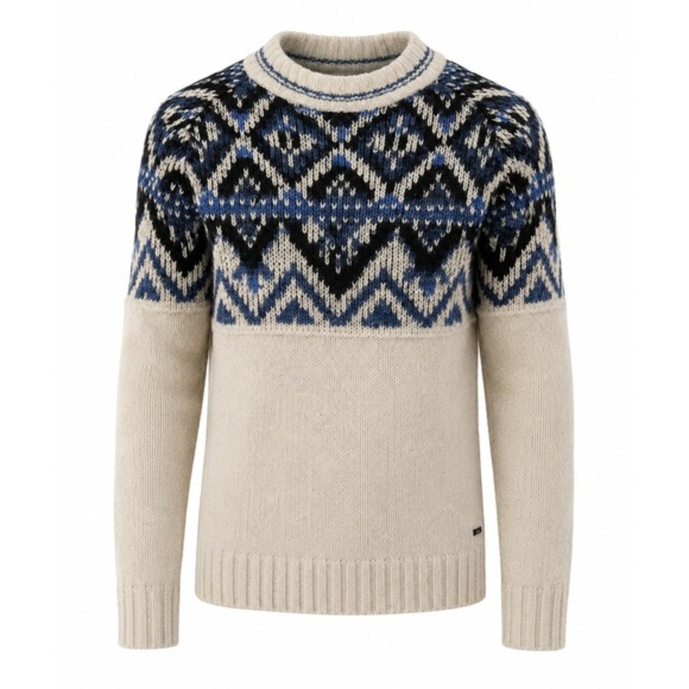 Hugo Boss Akaoki Mens‎ XL Fair Isle Wool Blend Crewneck Sweater Beige Blue